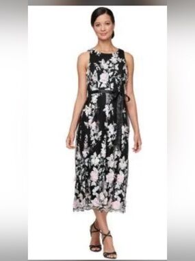 Alex Evenings Black Midi Dress with Pink & White Floral Appliqués